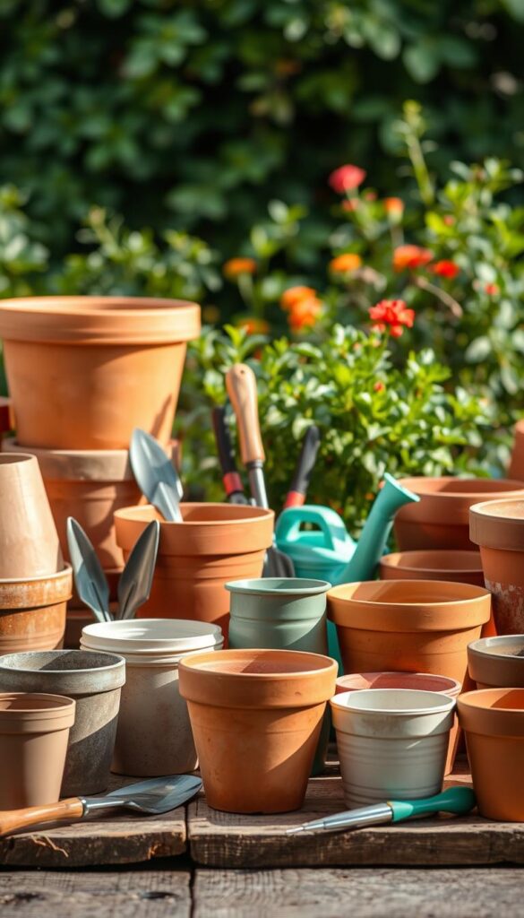 A still life composition of various pot materials and gardening supplies arranged on a rustic wooden surface, illuminated by soft natural lighting. In the foreground, an assortment of terracotta pots, ceramic planters, and plastic containers of varying sizes and shapes. In the middle ground, a selection of gardening tools including trowels, pruners, and a watering can. In the background, a subtle blurred backdrop of lush greenery, hinting at the verdant environment these containers will inhabit. The scene conveys a sense of organization, practicality, and the thoughtful preparation required for successful container gardening. A still life composition of various pot materials and gardening supplies arranged on a rustic wooden surface, illuminated by soft natural lighting. In the foreground, an assortment of terracotta pots, ceramic planters, and plastic containers of varying sizes and shapes. In the middle ground, a selection of gardening tools including trowels, pruners, and a watering can. In the background, a subtle blurred backdrop of lush greenery, hinting at the verdant environment these containers will inhabit. The scene conveys a sense of organization, practicality, and the thoughtful preparation required for successful container gardening.
