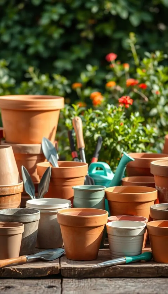 A still life composition of various pot materials and gardening supplies arranged on a rustic wooden surface, illuminated by soft natural lighting. In the foreground, an assortment of terracotta pots, ceramic planters, and plastic containers of varying sizes and shapes. In the middle ground, a selection of gardening tools including trowels, pruners, and a watering can. In the background, a subtle blurred backdrop of lush greenery, hinting at the verdant environment these containers will inhabit. The scene conveys a sense of organization, practicality, and the thoughtful preparation required for successful container gardening. A still life composition of various pot materials and gardening supplies arranged on a rustic wooden surface, illuminated by soft natural lighting. In the foreground, an assortment of terracotta pots, ceramic planters, and plastic containers of varying sizes and shapes. In the middle ground, a selection of gardening tools including trowels, pruners, and a watering can. In the background, a subtle blurred backdrop of lush greenery, hinting at the verdant environment these containers will inhabit. The scene conveys a sense of organization, practicality, and the thoughtful preparation required for successful container gardening.