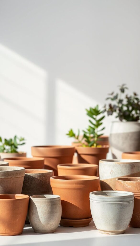 A still life of various garden pots and planters in a well-lit, airy studio setting. The foreground features an assortment of terracotta, ceramic, and concrete pots in a range of earthy tones, with textured surfaces and simple, elegant designs. The middle ground showcases pots in different sizes, shapes, and materials, arranged to highlight their unique properties and drainage capabilities. The background is softly blurred, creating a sense of depth and focus on the central pots. Diffused natural light casts gentle shadows, emphasizing the tactile qualities of the materials. The overall mood is one of tranquility and thoughtful consideration of the right pot choice for a thriving flower garden. A still life of various garden pots and planters in a well-lit, airy studio setting. The foreground features an assortment of terracotta, ceramic, and concrete pots in a range of earthy tones, with textured surfaces and simple, elegant designs. The middle ground showcases pots in different sizes, shapes, and materials, arranged to highlight their unique properties and drainage capabilities. The background is softly blurred, creating a sense of depth and focus on the central pots. Diffused natural light casts gentle shadows, emphasizing the tactile qualities of the materials. The overall mood is one of tranquility and thoughtful consideration of the right pot choice for a thriving flower garden.