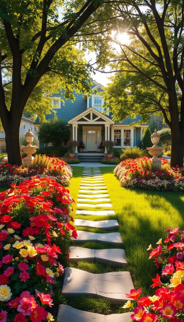 A stunning front yard with a welcoming floral display, bathed in warm afternoon sunlight. In the foreground, an abundant flower bed overflows with colorful blooms - vibrant reds, yellows, and purples. Delicate petals sway gently in a soft breeze. Stepping stones lead through the lush greenery, inviting visitors towards the charming house in the middle ground. Mature trees frame the scene, casting dappled shadows that dance across the well-manicured lawn. The overall atmosphere exudes a sense of tranquility and curb appeal, creating a vision of a cozy, inviting home that you'll love coming back to. A stunning front yard with a welcoming floral display, bathed in warm afternoon sunlight. In the foreground, an abundant flower bed overflows with colorful blooms - vibrant reds, yellows, and purples. Delicate petals sway gently in a soft breeze. Stepping stones lead through the lush greenery, inviting visitors towards the charming house in the middle ground. Mature trees frame the scene, casting dappled shadows that dance across the well-manicured lawn. The overall atmosphere exudes a sense of tranquility and curb appeal, creating a vision of a cozy, inviting home that you'll love coming back to.