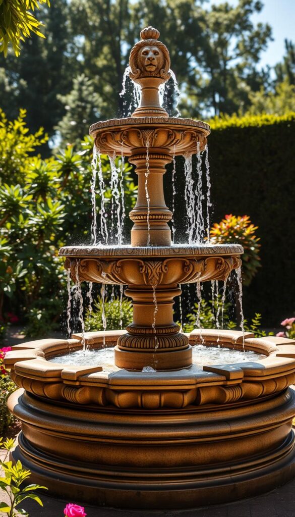 A stunning garden fountain with a classical design, standing proudly in a lush, well-manicured backyard. The fountain features a multi-tiered structure, with cascading streams of water flowing gracefully from one level to the next. The design is enhanced by intricate sculpted details, such as lion heads or cherubs, adding a touch of elegance and timelessness. Sunlight dances on the water's surface, creating a mesmerizing play of light and shadow. The surrounding landscape is dotted with verdant foliage and colorful blooms, creating a serene and inviting atmosphere. The angle of the shot showcases the fountain's proportions and highlights its integration within the overall garden design. A stunning garden fountain with a classical design, standing proudly in a lush, well-manicured backyard. The fountain features a multi-tiered structure, with cascading streams of water flowing gracefully from one level to the next. The design is enhanced by intricate sculpted details, such as lion heads or cherubs, adding a touch of elegance and timelessness. Sunlight dances on the water's surface, creating a mesmerizing play of light and shadow. The surrounding landscape is dotted with verdant foliage and colorful blooms, creating a serene and inviting atmosphere. The angle of the shot showcases the fountain's proportions and highlights its integration within the overall garden design.