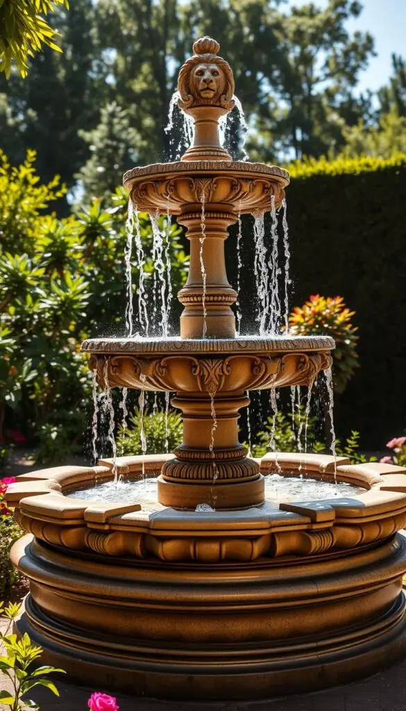 A stunning garden fountain with a classical design, standing proudly in a lush, well-manicured backyard. The fountain features a multi-tiered structure, with cascading streams of water flowing gracefully from one level to the next. The design is enhanced by intricate sculpted details, such as lion heads or cherubs, adding a touch of elegance and timelessness. Sunlight dances on the water's surface, creating a mesmerizing play of light and shadow. The surrounding landscape is dotted with verdant foliage and colorful blooms, creating a serene and inviting atmosphere. The angle of the shot showcases the fountain's proportions and highlights its integration within the overall garden design. A stunning garden fountain with a classical design, standing proudly in a lush, well-manicured backyard. The fountain features a multi-tiered structure, with cascading streams of water flowing gracefully from one level to the next. The design is enhanced by intricate sculpted details, such as lion heads or cherubs, adding a touch of elegance and timelessness. Sunlight dances on the water's surface, creating a mesmerizing play of light and shadow. The surrounding landscape is dotted with verdant foliage and colorful blooms, creating a serene and inviting atmosphere. The angle of the shot showcases the fountain's proportions and highlights its integration within the overall garden design.