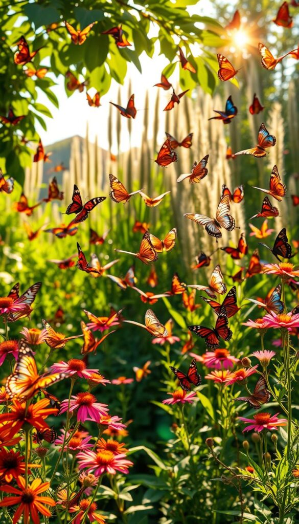 A stunning swarm of vibrant butterflies gracefully dancing amidst a lush, sun-drenched garden. The foreground features a kaleidoscope of delicate, multicolored wings fluttering around a variety of nectar-rich blooms, capturing the essence of pollinator-friendly flora. In the middle ground, a serene backdrop of verdant foliage and towering, sun-bathed plants creates a captivating natural scene. Warm, golden light filters through the leaves, casting a soft, glowing ambiance and highlighting the intricate patterns and colors of the butterflies in crisp detail. The overall composition conveys a sense of harmony, beauty, and the vital role these pollinators play in thriving, sun-soaked gardens.
