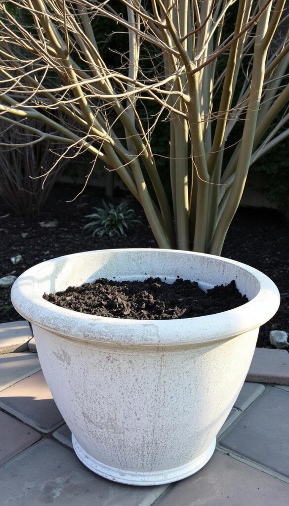 A sturdy, frost-resistant concrete or ceramic container, its surface weathered yet still elegant, sits atop a stone or brick patio. The container is filled with a well-drained potting mix, providing a protected home for overwintering bulbs. Sunlight filters through the bare branches of a deciduous tree, casting a warm, golden glow across the scene. The container's simple, geometric silhouette contrasts with the organic shapes of the surrounding foliage, creating a harmonious composition. The overall atmosphere is one of tranquility and preparedness, with the container serving as a safe haven for the bulbs until their springtime emergence.