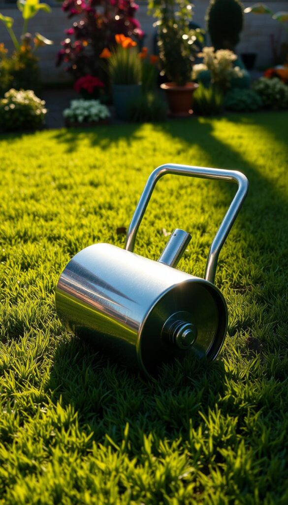 A sturdy, metal lawn roller sits on a lush, verdant lawn, its smooth surface glistening in the warm, afternoon sunlight. The roller's cylindrical shape is accentuated by its sleek, chrome finish, inviting the viewer to imagine the satisfying task of smoothing and compacting the soil beneath. In the background, a well-manicured garden frames the scene, hinting at the broader context of lawn maintenance. The lighting casts long shadows, adding depth and dimension to the composition, while the shallow depth of field keeps the roller in sharp focus, emphasizing its central role in the image.