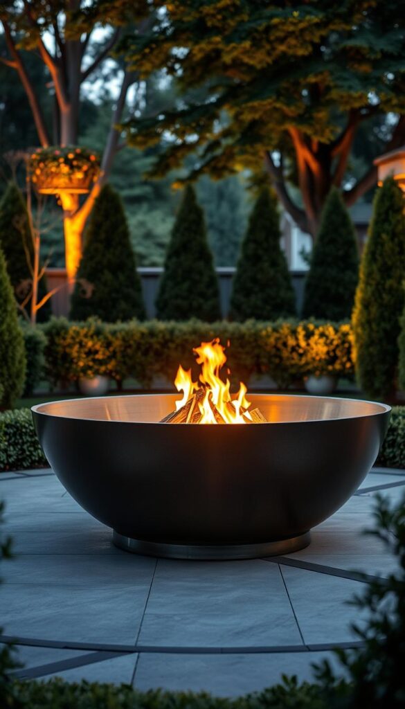 A sturdy, sleek steel fire pit in the center of a meticulously landscaped backyard, surrounded by lush greenery and warm lighting. The fire pit has a minimalist, industrial design with a durable, brushed metal finish that glows subtly in the evening light. Shadows dance across the surface, creating a cozy, mesmerizing ambiance. The fire pit is situated on a paved patio, framed by manicured hedges and towering trees, inviting guests to gather around and enjoy the flickering flames on a cool, serene night.