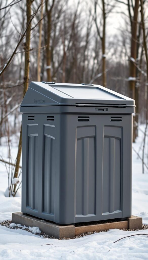 A sturdy, weather-resistant outdoor composting bin with a slanted roof, standing in a snowy winter landscape. The bin is made of durable, recycled plastic in a neutral gray color, with a hinged lid and ventilation holes along the sides. It is placed on a raised platform, with a gravel base to prevent moisture buildup. The background features a snowy forest, with bare trees and a overcast, muted sky. Warm, soft lighting illuminates the bin, casting gentle shadows and highlighting its practical, utilitarian design. A sturdy, weather-resistant outdoor composting bin with a slanted roof, standing in a snowy winter landscape. The bin is made of durable, recycled plastic in a neutral gray color, with a hinged lid and ventilation holes along the sides. It is placed on a raised platform, with a gravel base to prevent moisture buildup. The background features a snowy forest, with bare trees and a overcast, muted sky. Warm, soft lighting illuminates the bin, casting gentle shadows and highlighting its practical, utilitarian design.