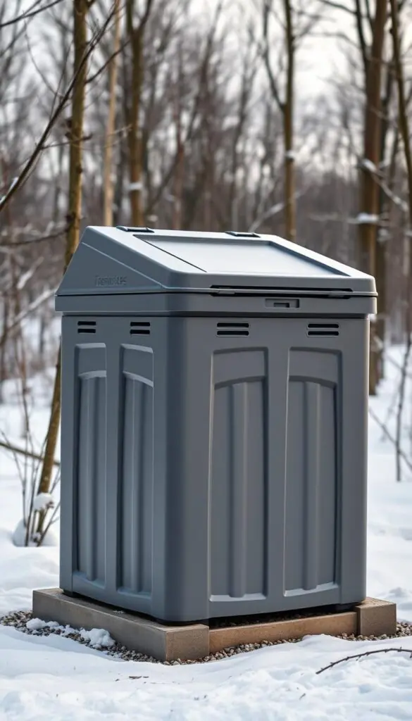 A sturdy, weather-resistant outdoor composting bin with a slanted roof, standing in a snowy winter landscape. The bin is made of durable, recycled plastic in a neutral gray color, with a hinged lid and ventilation holes along the sides. It is placed on a raised platform, with a gravel base to prevent moisture buildup. The background features a snowy forest, with bare trees and a overcast, muted sky. Warm, soft lighting illuminates the bin, casting gentle shadows and highlighting its practical, utilitarian design.
