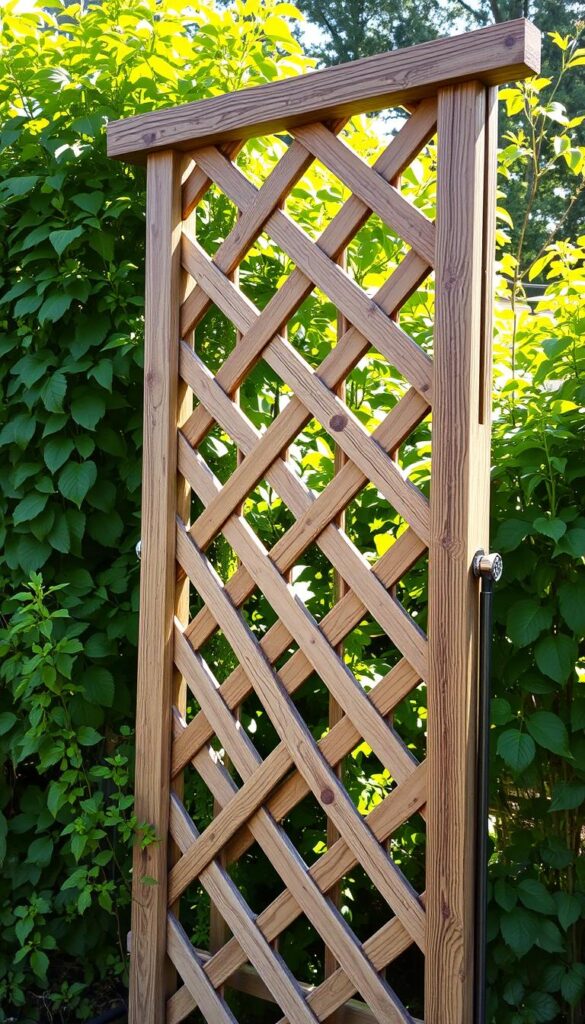 A sturdy, weathered wooden trellis rises against a backdrop of lush, verdant foliage. The trellis' intricate lattice pattern casts gentle shadows, creating a warm, natural ambiance. Sunlight filters through the openings, casting a soft, golden glow. The trellis stands tall and proud, ready to support the growth of climbing vines, vegetables, or herbs, fulfilling its purpose in a vibrant, DIY vertical garden. The scene exudes a sense of rustic charm and enduring strength, reflecting the durability and practicality of a well-crafted trellis support. A sturdy, weathered wooden trellis rises against a backdrop of lush, verdant foliage. The trellis' intricate lattice pattern casts gentle shadows, creating a warm, natural ambiance. Sunlight filters through the openings, casting a soft, golden glow. The trellis stands tall and proud, ready to support the growth of climbing vines, vegetables, or herbs, fulfilling its purpose in a vibrant, DIY vertical garden. The scene exudes a sense of rustic charm and enduring strength, reflecting the durability and practicality of a well-crafted trellis support.