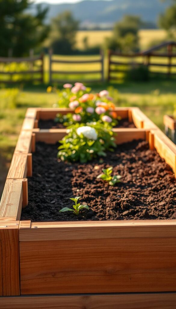 A sturdy, well-constructed raised garden bed, illuminated by warm, natural lighting. The foreground showcases the robust wooden frame, with mid-side bracing along the long sides, ensuring structural integrity. The bed's interior is filled with rich, dark soil, ready to nourish a vibrant array of flowers. In the middle ground, lush greenery and the subtle texture of the wooden slats create a visually appealing contrast. The background blends seamlessly with the scene, hinting at a serene, countryside setting, perhaps with a picturesque fence or a distant tree line. The overall composition conveys a sense of durability, functionality, and the beauty of a well-tended garden. A sturdy, well-constructed raised garden bed, illuminated by warm, natural lighting. The foreground showcases the robust wooden frame, with mid-side bracing along the long sides, ensuring structural integrity. The bed's interior is filled with rich, dark soil, ready to nourish a vibrant array of flowers. In the middle ground, lush greenery and the subtle texture of the wooden slats create a visually appealing contrast. The background blends seamlessly with the scene, hinting at a serene, countryside setting, perhaps with a picturesque fence or a distant tree line. The overall composition conveys a sense of durability, functionality, and the beauty of a well-tended garden.