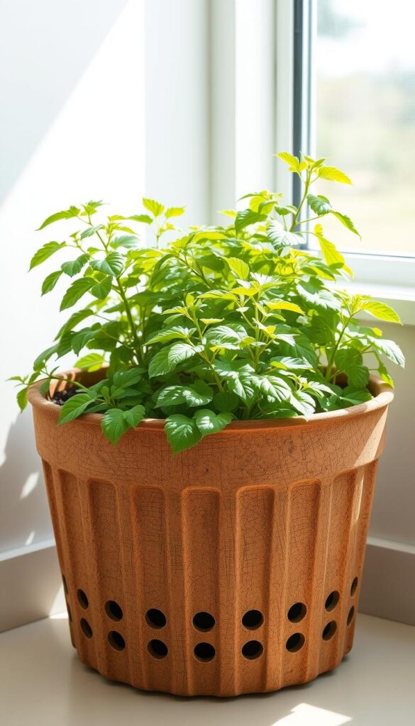 A sturdy, well-designed container for growing potatoes, placed in a bright, sunny spot with soft, diffused natural lighting. The container is made of high-quality, food-safe materials, with ample drainage holes at the bottom to ensure proper water flow. The textured, earthy-toned container complements the lush, green foliage of the potato plants, creating a harmonious, inviting visual. The overall composition showcases the ideal setup for cultivating potatoes in a confined space, inspiring the viewer to consider their own container gardening possibilities. A sturdy, well-designed container for growing potatoes, placed in a bright, sunny spot with soft, diffused natural lighting. The container is made of high-quality, food-safe materials, with ample drainage holes at the bottom to ensure proper water flow. The textured, earthy-toned container complements the lush, green foliage of the potato plants, creating a harmonious, inviting visual. The overall composition showcases the ideal setup for cultivating potatoes in a confined space, inspiring the viewer to consider their own container gardening possibilities.