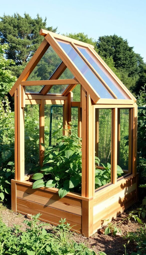 A sturdy, wooden cold frame with a slanted, transparent top standing in a lush, verdant garden. The frame is constructed with thick, weather-resistant lumber, its corners reinforced for stability. Sunlight filters through the angled, glass-paneled lid, casting a warm glow over the thriving plants inside. The frame's design allows for easy access and ventilation, enabling optimal growing conditions for extending the season. Gentle shadows dance across the scene, creating a sense of depth and tranquility. The overall composition conveys a practical yet aesthetically pleasing solution for extending the growing season. A sturdy, wooden cold frame with a slanted, transparent top standing in a lush, verdant garden. The frame is constructed with thick, weather-resistant lumber, its corners reinforced for stability. Sunlight filters through the angled, glass-paneled lid, casting a warm glow over the thriving plants inside. The frame's design allows for easy access and ventilation, enabling optimal growing conditions for extending the season. Gentle shadows dance across the scene, creating a sense of depth and tranquility. The overall composition conveys a practical yet aesthetically pleasing solution for extending the growing season.