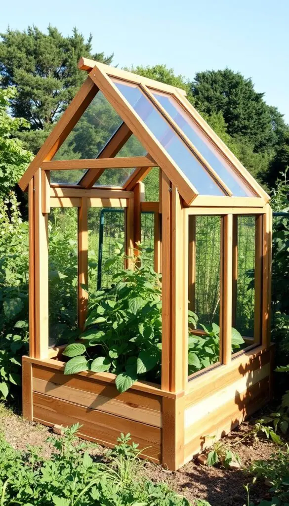 A sturdy, wooden cold frame with a slanted, transparent top standing in a lush, verdant garden. The frame is constructed with thick, weather-resistant lumber, its corners reinforced for stability. Sunlight filters through the angled, glass-paneled lid, casting a warm glow over the thriving plants inside. The frame's design allows for easy access and ventilation, enabling optimal growing conditions for extending the season. Gentle shadows dance across the scene, creating a sense of depth and tranquility. The overall composition conveys a practical yet aesthetically pleasing solution for extending the growing season. A sturdy, wooden cold frame with a slanted, transparent top standing in a lush, verdant garden. The frame is constructed with thick, weather-resistant lumber, its corners reinforced for stability. Sunlight filters through the angled, glass-paneled lid, casting a warm glow over the thriving plants inside. The frame's design allows for easy access and ventilation, enabling optimal growing conditions for extending the season. Gentle shadows dance across the scene, creating a sense of depth and tranquility. The overall composition conveys a practical yet aesthetically pleasing solution for extending the growing season.