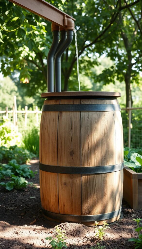 A sturdy wooden rain barrel stands in a lush, well-tended vegetable garden. The barrel's rustic exterior is weathered yet charming, blending seamlessly with the earthy tones of the surrounding soil and foliage. A series of downspouts from the house's gutter system converge at the barrel's top, channeling rainwater into the barrel's capacious interior. Dappled sunlight filters through the garden's verdant canopy, casting a warm, natural glow on the scene. The barrel's position near a raised garden bed suggests its role in maintaining optimal moisture levels for the thriving vegetables. An air of tranquility and sustainability pervades the image, inviting the viewer to consider the importance of effective drainage and water management in the pursuit of a bountiful, eco-friendly vegetable garden. A sturdy wooden rain barrel stands in a lush, well-tended vegetable garden. The barrel's rustic exterior is weathered yet charming, blending seamlessly with the earthy tones of the surrounding soil and foliage. A series of downspouts from the house's gutter system converge at the barrel's top, channeling rainwater into the barrel's capacious interior. Dappled sunlight filters through the garden's verdant canopy, casting a warm, natural glow on the scene. The barrel's position near a raised garden bed suggests its role in maintaining optimal moisture levels for the thriving vegetables. An air of tranquility and sustainability pervades the image, inviting the viewer to consider the importance of effective drainage and water management in the pursuit of a bountiful, eco-friendly vegetable garden.