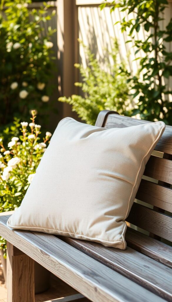 A stylish outdoor cushion with a plush, textured surface in a soothing neutral tone sits on a weathered wooden bench. The cushion is positioned in a cozy, well-lit garden setting, surrounded by lush greenery and delicate floral accents. Soft natural lighting filters through the scene, creating a warm and inviting atmosphere. The cushion's design features a durable, fade-resistant fabric that can withstand the elements, making it a practical and visually appealing choice for outdoor living spaces. A stylish outdoor cushion with a plush, textured surface in a soothing neutral tone sits on a weathered wooden bench. The cushion is positioned in a cozy, well-lit garden setting, surrounded by lush greenery and delicate floral accents. Soft natural lighting filters through the scene, creating a warm and inviting atmosphere. The cushion's design features a durable, fade-resistant fabric that can withstand the elements, making it a practical and visually appealing choice for outdoor living spaces.