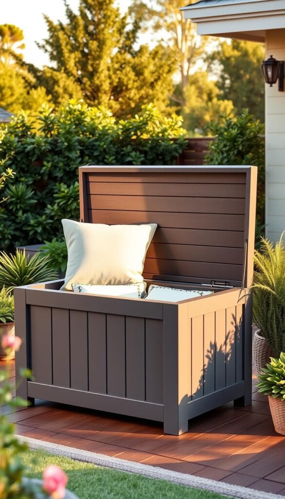 A stylish, weather-resistant cushioned deck box with a modern, minimalist design. The box has a sleek, rectangular shape with clean lines and a slatted wood top that opens to reveal ample storage space for cushions and outdoor entertaining essentials. The box is positioned on a beautifully landscaped deck or patio, with lush greenery and potted plants surrounding it. The scene is bathed in warm, golden sunlight, creating a cozy, inviting atmosphere. The overall look is one of sophisticated, yet practical, outdoor living.