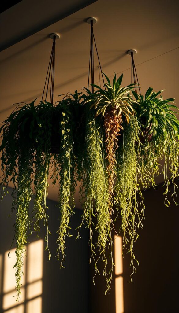 A stylish, well-designed arrangement of various hanging plants suspended from a modern, minimalist ceiling. The lush, trailing foliage cascades gracefully, creating a serene, inviting ambiance. Dramatic lighting casts warm, natural shadows, highlighting the textures and hues of the plants. The scene is captured at a slightly low angle, emphasizing the height and drama of the vertical composition. The overall mood is one of tranquility and sophistication, elevating the small space and drawing the eye upwards. A stylish, well-designed arrangement of various hanging plants suspended from a modern, minimalist ceiling. The lush, trailing foliage cascades gracefully, creating a serene, inviting ambiance. Dramatic lighting casts warm, natural shadows, highlighting the textures and hues of the plants. The scene is captured at a slightly low angle, emphasizing the height and drama of the vertical composition. The overall mood is one of tranquility and sophistication, elevating the small space and drawing the eye upwards.