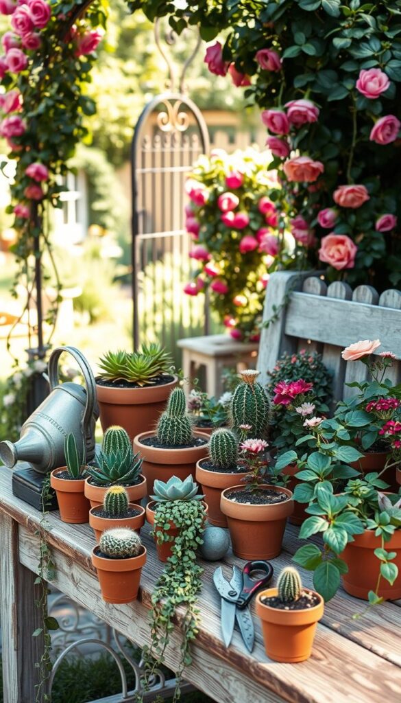 A stylishly arranged potting bench, its weathered wood surface adorned with lush potted plants, trailing vines, and floral accents. The foreground showcases a variety of succulents, cacti, and flowering plants in terra cotta pots, carefully curated for visual interest. In the middle ground, a vintage-inspired watering can and pruning shears hint at the bench's practical use. The background features a sun-dappled garden scene, with a wrought-iron arch draped in climbing roses framing the composition. Soft, natural lighting illuminates the scene, creating a warm, inviting atmosphere perfect for both gardening tasks and casual gatherings.