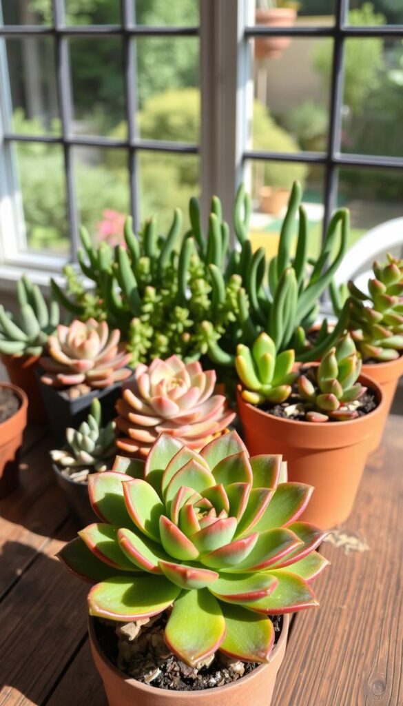 A succulent garden in a bright, natural light, with a collection of different varieties arranged artfully on a rustic wooden table. In the foreground, a potted echeveria with its vibrant rosette-shaped leaves catches the eye. In the middle ground, a cluster of jade plants with their thick, glossy green stems create a lush, textured backdrop. The background features a window overlooking a garden, allowing the sunlight to filter in and cast a warm, inviting glow throughout the scene. The composition is balanced and visually appealing, showcasing the unique and diverse forms of these low-maintenance, easy-to-care-for succulents. A succulent garden in a bright, natural light, with a collection of different varieties arranged artfully on a rustic wooden table. In the foreground, a potted echeveria with its vibrant rosette-shaped leaves catches the eye. In the middle ground, a cluster of jade plants with their thick, glossy green stems create a lush, textured backdrop. The background features a window overlooking a garden, allowing the sunlight to filter in and cast a warm, inviting glow throughout the scene. The composition is balanced and visually appealing, showcasing the unique and diverse forms of these low-maintenance, easy-to-care-for succulents.