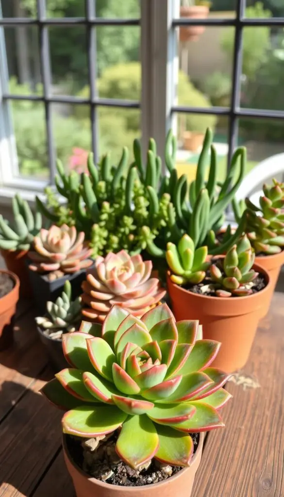 A succulent garden in a bright, natural light, with a collection of different varieties arranged artfully on a rustic wooden table. In the foreground, a potted echeveria with its vibrant rosette-shaped leaves catches the eye. In the middle ground, a cluster of jade plants with their thick, glossy green stems create a lush, textured backdrop. The background features a window overlooking a garden, allowing the sunlight to filter in and cast a warm, inviting glow throughout the scene. The composition is balanced and visually appealing, showcasing the unique and diverse forms of these low-maintenance, easy-to-care-for succulents.