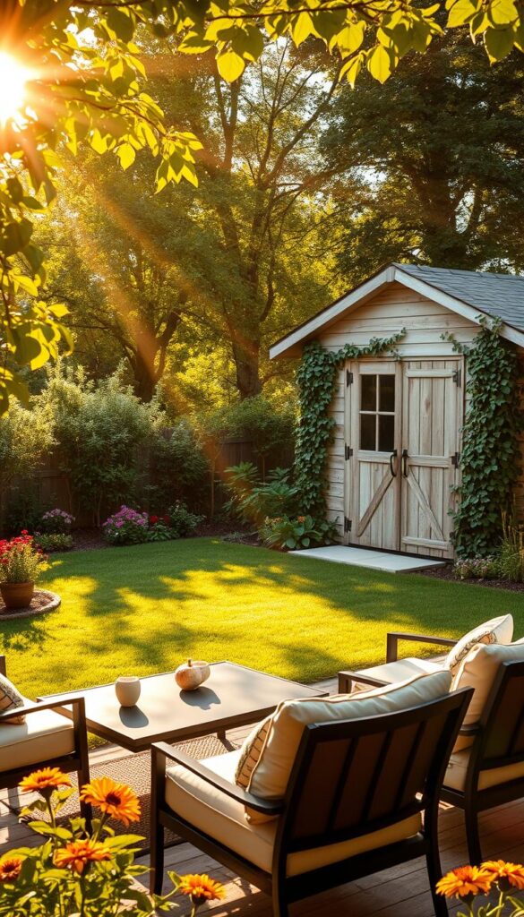 A sun-dappled backyard, lush with verdant flora and a cozy seating area. In the foreground, a stylish patio set with cushioned chairs and a sleek coffee table, inviting relaxation. The middle ground features a well-manicured lawn, dotted with vibrant flowers in bloom. In the background, a charming garden shed with weathered wood paneling and a flourishing vine crawling up its walls. Warm, golden lighting filters through the trees, casting a soft, inviting glow over the entire scene. The atmosphere exudes a sense of tranquility and comfort, perfect for a relaxing weekend spent outdoors. A sun-dappled backyard, lush with verdant flora and a cozy seating area. In the foreground, a stylish patio set with cushioned chairs and a sleek coffee table, inviting relaxation. The middle ground features a well-manicured lawn, dotted with vibrant flowers in bloom. In the background, a charming garden shed with weathered wood paneling and a flourishing vine crawling up its walls. Warm, golden lighting filters through the trees, casting a soft, inviting glow over the entire scene. The atmosphere exudes a sense of tranquility and comfort, perfect for a relaxing weekend spent outdoors.