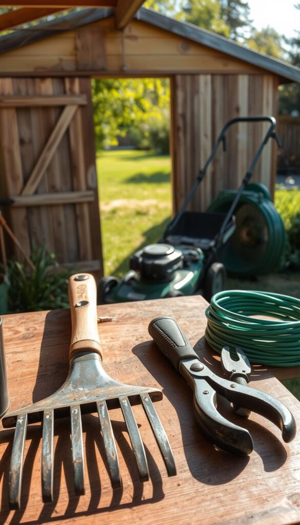 A sun-dappled backyard workshop, the tools of the trade laid out on a sturdy workbench. In the foreground, a well-worn rake, pruning shears, and a hand trowel gleam under the warm, natural lighting. In the middle ground, a lawnmower and a garden hose coil neatly, ready for their seasonal duties. The background showcases a shed, its weathered wooden panels framing a serene landscape of lush, verdant grass and swaying trees. The overall atmosphere is one of organized efficiency, a weekday routine where productivity and tranquility coexist in perfect harmony. A sun-dappled backyard workshop, the tools of the trade laid out on a sturdy workbench. In the foreground, a well-worn rake, pruning shears, and a hand trowel gleam under the warm, natural lighting. In the middle ground, a lawnmower and a garden hose coil neatly, ready for their seasonal duties. The background showcases a shed, its weathered wooden panels framing a serene landscape of lush, verdant grass and swaying trees. The overall atmosphere is one of organized efficiency, a weekday routine where productivity and tranquility coexist in perfect harmony.