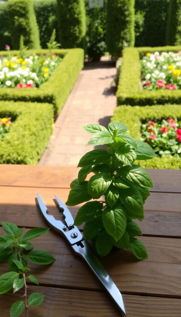 A sun-dappled basil plant, its leaves lush and verdant, stands in the foreground. In the middle ground, a pair of pruning shears rest on a wooden table, the blades gleaming as they catch the warm light. Surrounding the scene, a well-organized garden with neatly trimmed hedges and vibrant flowers creates a harmonious backdrop. The image conveys a sense of tranquility and attention to detail, reflecting the care and diligence required for successful basil pruning and harvesting. A sun-dappled basil plant, its leaves lush and verdant, stands in the foreground. In the middle ground, a pair of pruning shears rest on a wooden table, the blades gleaming as they catch the warm light. Surrounding the scene, a well-organized garden with neatly trimmed hedges and vibrant flowers creates a harmonious backdrop. The image conveys a sense of tranquility and attention to detail, reflecting the care and diligence required for successful basil pruning and harvesting.