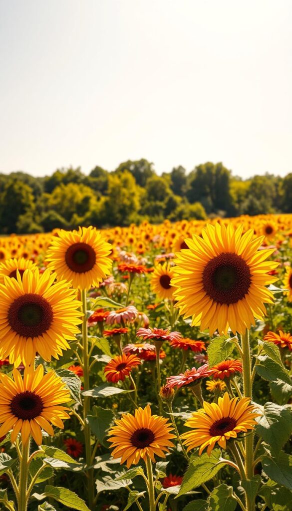 A sun-dappled field bathed in warm, golden light. In the foreground, vibrant sunflowers sway gently in a light breeze, their petals glowing with vitality. The middle ground features a mix of colorful summer blooms, including cheerful daisies and bold marigolds, all thriving under the uninterrupted exposure of the full sun. In the distance, the horizon is dotted with lush green trees, creating a sense of depth and contrast. The lighting is crisp and directional, casting soft shadows and highlights that accentuate the textures and colors of the scene. The overall mood is one of abundant, joyful summer energy, perfect for showcasing plants that thrive in full sun. A sun-dappled field bathed in warm, golden light. In the foreground, vibrant sunflowers sway gently in a light breeze, their petals glowing with vitality. The middle ground features a mix of colorful summer blooms, including cheerful daisies and bold marigolds, all thriving under the uninterrupted exposure of the full sun. In the distance, the horizon is dotted with lush green trees, creating a sense of depth and contrast. The lighting is crisp and directional, casting soft shadows and highlights that accentuate the textures and colors of the scene. The overall mood is one of abundant, joyful summer energy, perfect for showcasing plants that thrive in full sun.