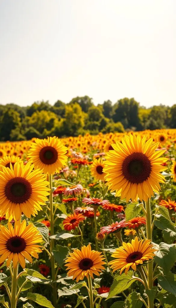 A sun-dappled field bathed in warm, golden light. In the foreground, vibrant sunflowers sway gently in a light breeze, their petals glowing with vitality. The middle ground features a mix of colorful summer blooms, including cheerful daisies and bold marigolds, all thriving under the uninterrupted exposure of the full sun. In the distance, the horizon is dotted with lush green trees, creating a sense of depth and contrast. The lighting is crisp and directional, casting soft shadows and highlights that accentuate the textures and colors of the scene. The overall mood is one of abundant, joyful summer energy, perfect for showcasing plants that thrive in full sun. A sun-dappled field bathed in warm, golden light. In the foreground, vibrant sunflowers sway gently in a light breeze, their petals glowing with vitality. The middle ground features a mix of colorful summer blooms, including cheerful daisies and bold marigolds, all thriving under the uninterrupted exposure of the full sun. In the distance, the horizon is dotted with lush green trees, creating a sense of depth and contrast. The lighting is crisp and directional, casting soft shadows and highlights that accentuate the textures and colors of the scene. The overall mood is one of abundant, joyful summer energy, perfect for showcasing plants that thrive in full sun.