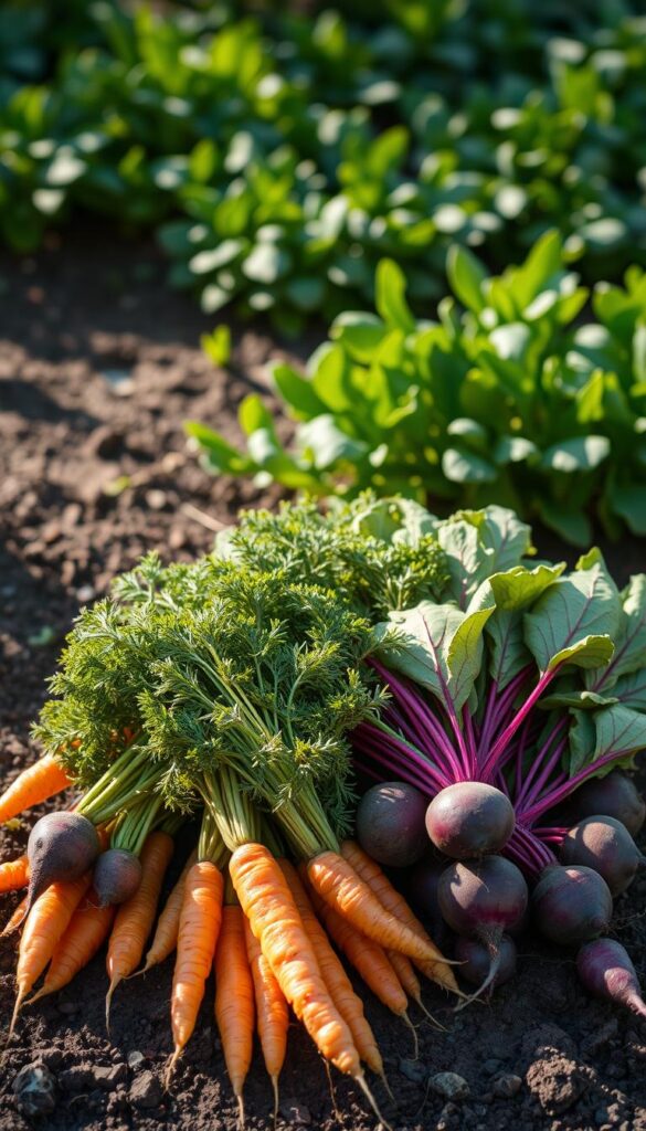 A sun-dappled garden bed, the foreground filled with vibrant bunches of freshly pulled carrots in shades of orange and yellow, their leafy tops still attached. Nestled among them, clusters of deep purple beets, their glossy roots contrasting beautifully with the earthy soil. The middle ground reveals a lush, verdant backdrop of leafy greens, hinting at the abundance of the early spring harvest. Soft, diffused lighting illuminates the scene, casting gentle shadows and highlighting the inherent sweetness of these hardy, cold-tolerant vegetables. A serene, rustic composition that celebrates the beauty and bounty of the season.