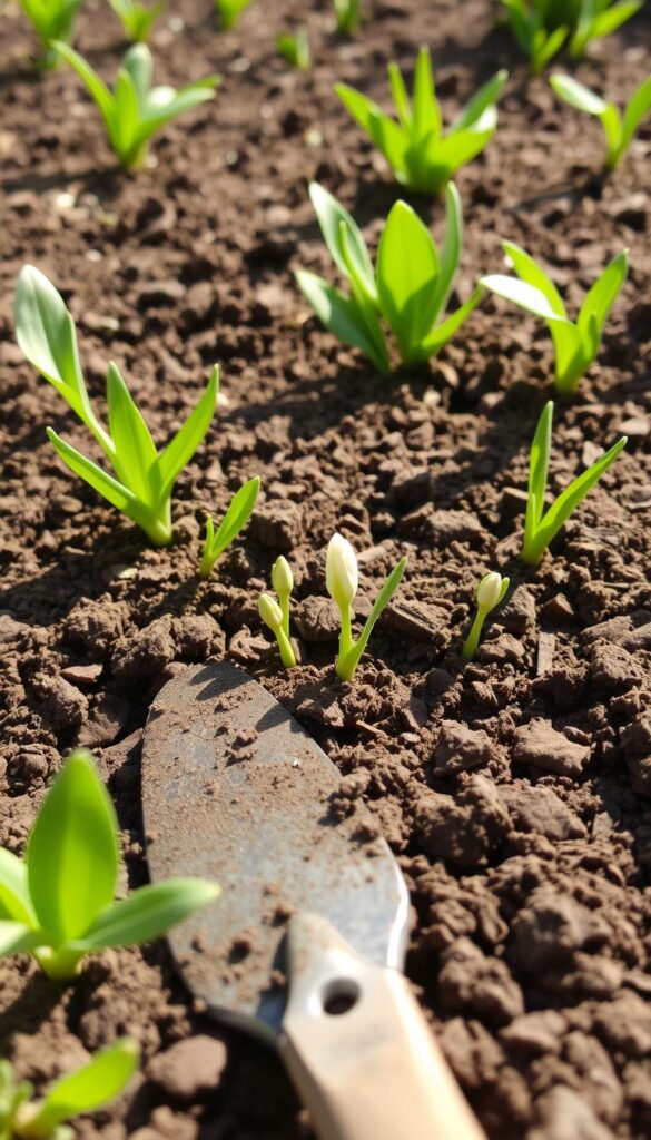 A sun-dappled garden bed, the soil freshly tilled and ready for planting. Earthen tones of rich, loamy earth blend seamlessly with the verdant hues of emerging spring foliage. Delicate flower buds peek through the surface, anticipating their moment to bloom. A rustic trowel rests nearby, a testament to the careful timing and cultivation required for a bountiful spring garden. Soft, diffused lighting casts gentle shadows, highlighting the textural details of the soil and the promise of new growth. The overall scene exudes a sense of peaceful anticipation, inviting the viewer to envision the vibrant display of early spring flowers soon to come.