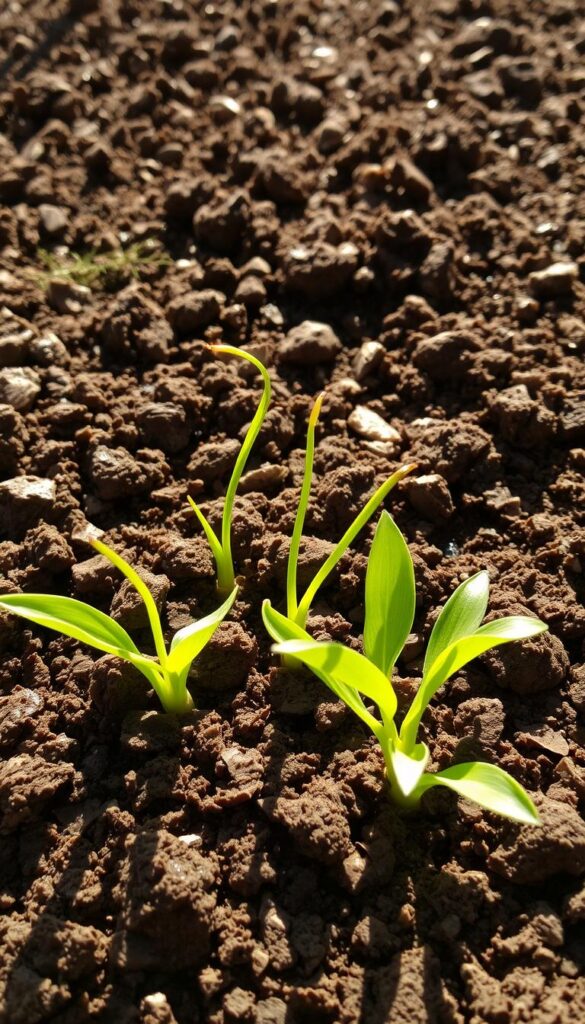 A sun-dappled garden bed, the soil freshly turned and glistening with moisture. Crumbly, dark loam flecked with bits of organic matter, ready to receive the first early spring crops. Delicate tendrils of newly sprouted greens push through the yielding earth, their vibrant hues contrasting with the rich brown tones. A light breeze ruffles the leaves, hinting at the cool, crisp air that nourishes this resilient vegetation. The scene conveys a sense of renewal, a promise of the bountiful harvest to come, as the soil is coaxed back to life after winter's dormancy.