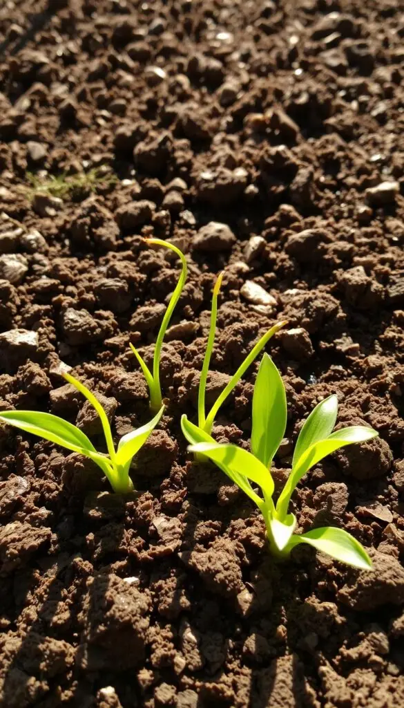 A sun-dappled garden bed, the soil freshly turned and glistening with moisture. Crumbly, dark loam flecked with bits of organic matter, ready to receive the first early spring crops. Delicate tendrils of newly sprouted greens push through the yielding earth, their vibrant hues contrasting with the rich brown tones. A light breeze ruffles the leaves, hinting at the cool, crisp air that nourishes this resilient vegetation. The scene conveys a sense of renewal, a promise of the bountiful harvest to come, as the soil is coaxed back to life after winter's dormancy. A sun-dappled garden bed, the soil freshly turned and glistening with moisture. Crumbly, dark loam flecked with bits of organic matter, ready to receive the first early spring crops. Delicate tendrils of newly sprouted greens push through the yielding earth, their vibrant hues contrasting with the rich brown tones. A light breeze ruffles the leaves, hinting at the cool, crisp air that nourishes this resilient vegetation. The scene conveys a sense of renewal, a promise of the bountiful harvest to come, as the soil is coaxed back to life after winter's dormancy.