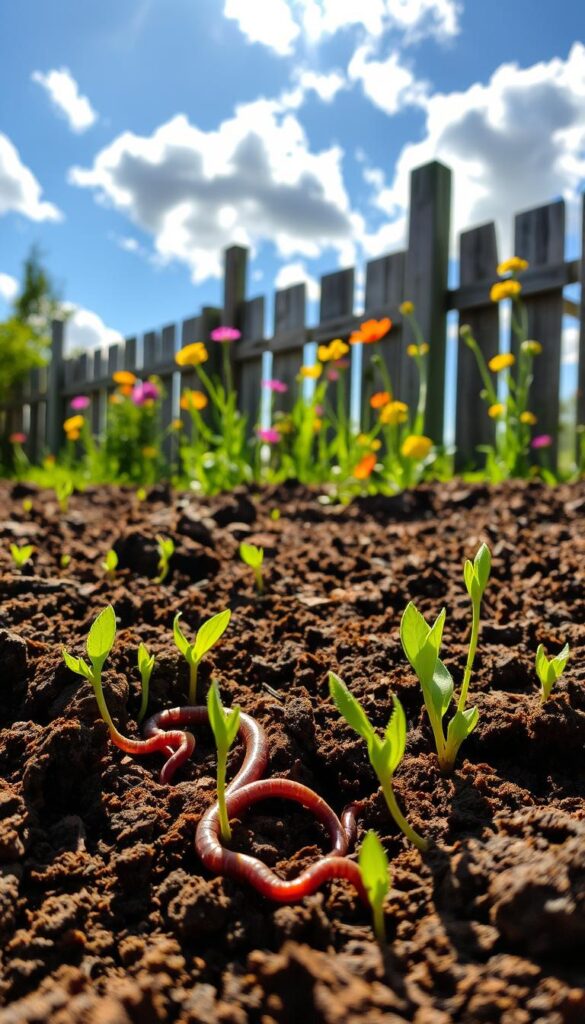 A sun-dappled garden bed, the soil rich and loamy, teeming with life. In the foreground, earthworms burrow, aerating the earth. Verdant sprouts push through the moist, dark humus, their tender leaves unfurling. Surrounding the scene, a lush border of vibrant wildflowers sway gently in a soft breeze, their petals catching the golden light. The background features a weathered wooden fence, weathered by time, a testament to the passage of the seasons. Overhead, a bright blue sky dotted with fluffy white clouds, evoking the promise of a bountiful spring harvest. The overall mood is one of renewal, growth, and the interconnectedness of all living things. A sun-dappled garden bed, the soil rich and loamy, teeming with life. In the foreground, earthworms burrow, aerating the earth. Verdant sprouts push through the moist, dark humus, their tender leaves unfurling. Surrounding the scene, a lush border of vibrant wildflowers sway gently in a soft breeze, their petals catching the golden light. The background features a weathered wooden fence, weathered by time, a testament to the passage of the seasons. Overhead, a bright blue sky dotted with fluffy white clouds, evoking the promise of a bountiful spring harvest. The overall mood is one of renewal, growth, and the interconnectedness of all living things.