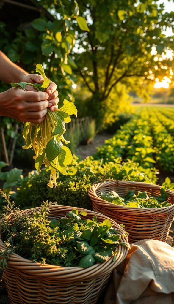 A sun-dappled garden, late afternoon light filters through lush foliage. In the foreground, a farmer's weathered hands carefully harvesting leafy greens, their delicate stems glowing with vitality. Baskets brimming with freshly picked herbs - fragrant thyme, rosemary, and mint - sit nearby, awaiting their journey to the kitchen. The middle ground reveals rows of thriving vegetables, their vibrant colors a testament to the care and attention lavished upon them. In the distance, the setting sun casts a warm, golden glow, highlighting the peaceful tranquility of this verdant oasis. A sense of harmony pervades the scene, a dance between human and nature, time-honored rhythms of the summer harvest. A sun-dappled garden, late afternoon light filters through lush foliage. In the foreground, a farmer's weathered hands carefully harvesting leafy greens, their delicate stems glowing with vitality. Baskets brimming with freshly picked herbs - fragrant thyme, rosemary, and mint - sit nearby, awaiting their journey to the kitchen. The middle ground reveals rows of thriving vegetables, their vibrant colors a testament to the care and attention lavished upon them. In the distance, the setting sun casts a warm, golden glow, highlighting the peaceful tranquility of this verdant oasis. A sense of harmony pervades the scene, a dance between human and nature, time-honored rhythms of the summer harvest.
