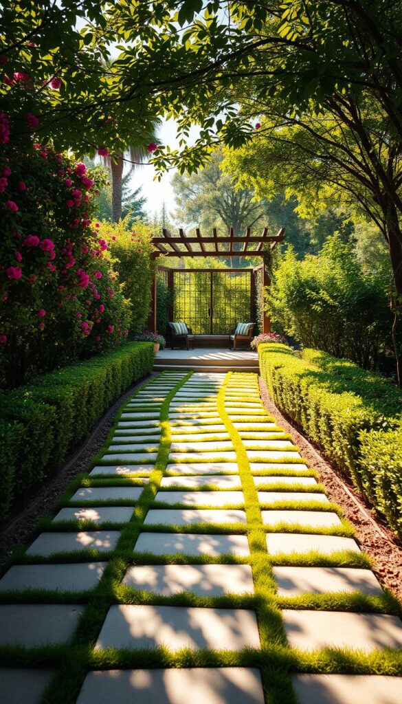 A sun-dappled garden path winds through a lush, verdant landscape. Smooth, flagstone pavers lead the eye forward, framed by neatly trimmed hedges and cascading florals in vibrant hues. Delicate shadows dance across the ground, hinting at an overhead trellis or canopy of trees. In the distance, a secluded seating area invites exploration, its gentle steps and screens creating a sense of intimacy and purpose. The scene is bathed in warm, golden light, evoking a serene, contemplative mood. A wide-angle lens captures the harmonious interplay of form, texture, and light, guiding the viewer along this purposeful path.