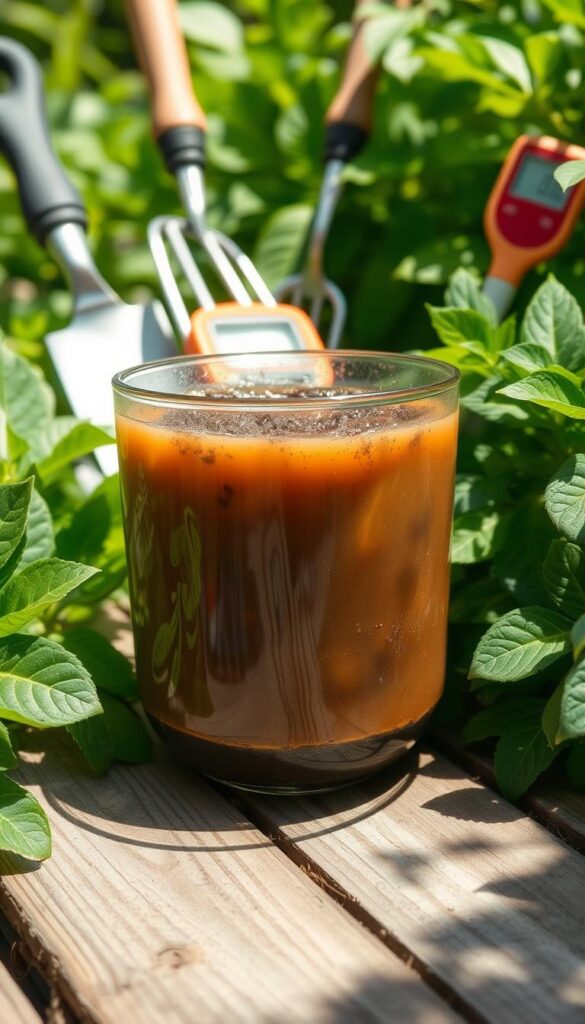 A sun-dappled garden scene, the foreground dominated by a shallow glass container filled with a murky brown slurry, soil particles swirling in the liquid. Surrounded by lush green foliage, the container sits on a wooden surface, the texture of the wood grains visible. In the background, a tidy array of gardening tools - trowels, hand forks, and a pH meter - hint at the scientific process of soil testing. Soft, diffused lighting casts gentle shadows, creating a serene, contemplative atmosphere perfect for illustrating the step-by-step process of evaluating soil health.
