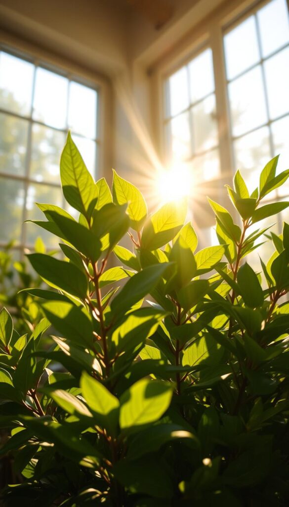 A sun-dappled indoor scene, with soft natural light filtering through large windows, casting warm, golden rays across a lush, verdant indoor plant. The foreground features the plant's vibrant foliage, each leaf catching the light and shimmering with a healthy glow. In the middle ground, the light creates a gentle, diffused illumination, highlighting the plant's textures and colors. The background fades into a softly blurred, serene environment, emphasizing the calming, rejuvenating atmosphere. The composition is balanced, with the plant positioned to capture the optimal lighting for growth, yet avoiding direct, harsh sunlight that could scorch the delicate leaves. The overall mood is one of tranquility, vitality, and a sanctuary-like respite from the summer heat.
