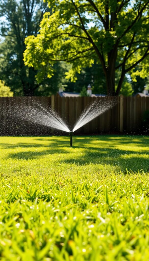 A sun-dappled lawn on a bright summer day, the sprinkler system in full operation. In the foreground, a lush, verdant carpet of grass is being evenly saturated, water droplets glistening like shimmering diamonds. The middle ground reveals the sprinkler heads, their arcs of water creating a gentle, soothing rhythm. In the background, a wooden fence and mature trees provide a natural backdrop, casting soft shadows that add depth and dimensionality to the scene. The lighting is warm and diffused, creating a welcoming, tranquil atmosphere. The camera angle is slightly elevated, capturing the watering process from an observational, almost bird's-eye perspective, allowing the viewer to fully appreciate the efficient and effective lawn-watering technique. A sun-dappled lawn on a bright summer day, the sprinkler system in full operation. In the foreground, a lush, verdant carpet of grass is being evenly saturated, water droplets glistening like shimmering diamonds. The middle ground reveals the sprinkler heads, their arcs of water creating a gentle, soothing rhythm. In the background, a wooden fence and mature trees provide a natural backdrop, casting soft shadows that add depth and dimensionality to the scene. The lighting is warm and diffused, creating a welcoming, tranquil atmosphere. The camera angle is slightly elevated, capturing the watering process from an observational, almost bird's-eye perspective, allowing the viewer to fully appreciate the efficient and effective lawn-watering technique.