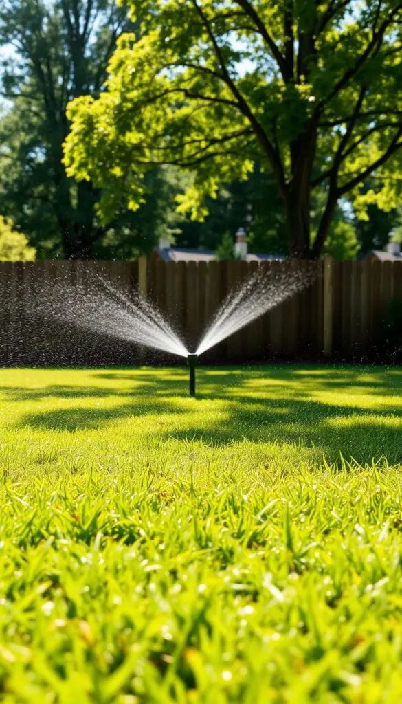A sun-dappled lawn on a bright summer day, the sprinkler system in full operation. In the foreground, a lush, verdant carpet of grass is being evenly saturated, water droplets glistening like shimmering diamonds. The middle ground reveals the sprinkler heads, their arcs of water creating a gentle, soothing rhythm. In the background, a wooden fence and mature trees provide a natural backdrop, casting soft shadows that add depth and dimensionality to the scene. The lighting is warm and diffused, creating a welcoming, tranquil atmosphere. The camera angle is slightly elevated, capturing the watering process from an observational, almost bird's-eye perspective, allowing the viewer to fully appreciate the efficient and effective lawn-watering technique. A sun-dappled lawn on a bright summer day, the sprinkler system in full operation. In the foreground, a lush, verdant carpet of grass is being evenly saturated, water droplets glistening like shimmering diamonds. The middle ground reveals the sprinkler heads, their arcs of water creating a gentle, soothing rhythm. In the background, a wooden fence and mature trees provide a natural backdrop, casting soft shadows that add depth and dimensionality to the scene. The lighting is warm and diffused, creating a welcoming, tranquil atmosphere. The camera angle is slightly elevated, capturing the watering process from an observational, almost bird's-eye perspective, allowing the viewer to fully appreciate the efficient and effective lawn-watering technique.