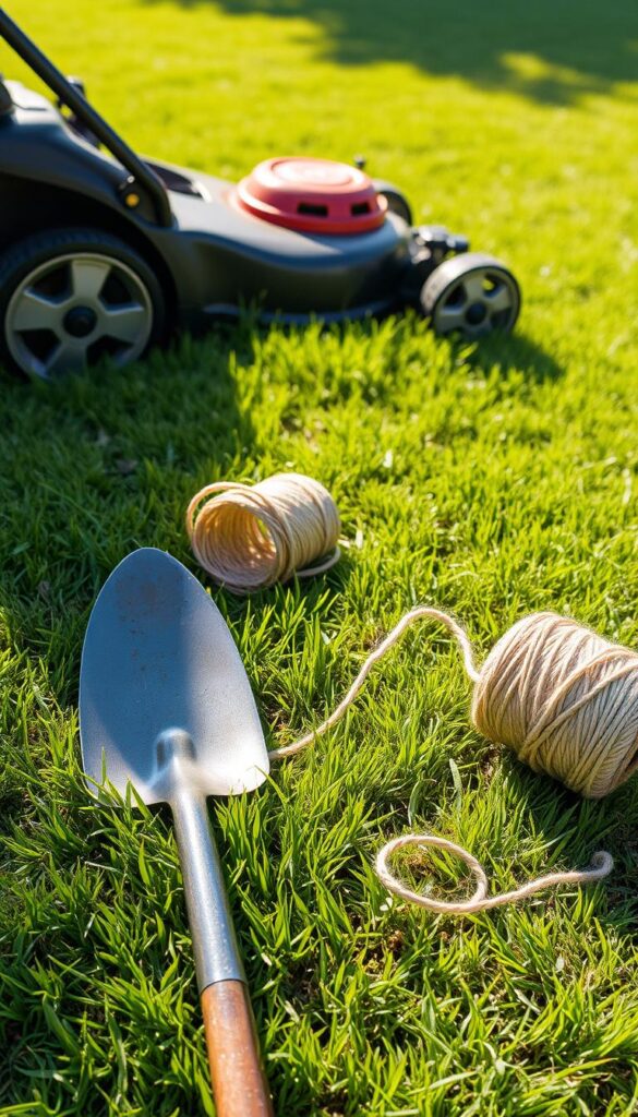 A sun-dappled lawn, the edges crisp and defined, awaits a meticulous preparation. In the foreground, a sharp spade and a coil of sturdy twine lay ready, tools for the task at hand. The middle ground features a well-maintained lawnmower, its blades gleaming, poised to meticulously trim the grass. In the background, a vibrant green expanse, meticulously manicured, provides the canvas for this precision operation. Soft, directional lighting casts subtle shadows, highlighting the clean lines and attention to detail. The scene conveys a sense of order, anticipation, and the pride that comes from a well-executed lawn maintenance routine.