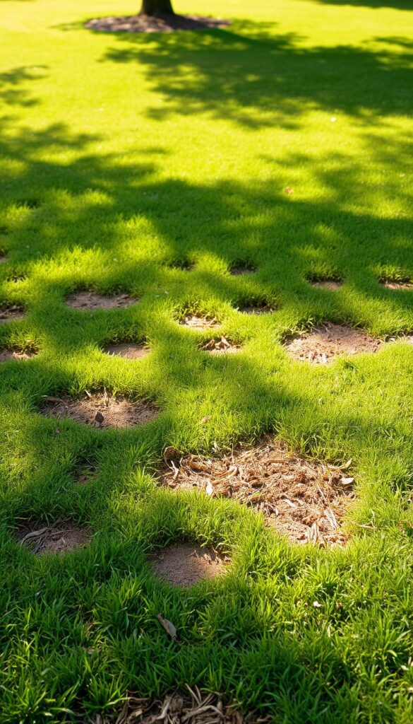 A sun-dappled lawn with irregular brown patches, uneven ground, and areas of sparse grass growth. Soft, diffused lighting illuminates the scene, creating a natural, organic atmosphere. The foreground features prominent patches of discolored, dying grass against a lush green backdrop. In the middle ground, subtle undulations in the terrain are visible, hinting at the underlying unevenness. The background showcases a well-maintained, verdant lawn, emphasizing the contrast with the problem areas in the foreground. The image conveys a sense of concern and a need for attention, setting the stage for the "DIY Lawn Leveling" article. A sun-dappled lawn with irregular brown patches, uneven ground, and areas of sparse grass growth. Soft, diffused lighting illuminates the scene, creating a natural, organic atmosphere. The foreground features prominent patches of discolored, dying grass against a lush green backdrop. In the middle ground, subtle undulations in the terrain are visible, hinting at the underlying unevenness. The background showcases a well-maintained, verdant lawn, emphasizing the contrast with the problem areas in the foreground. The image conveys a sense of concern and a need for attention, setting the stage for the "DIY Lawn Leveling" article.