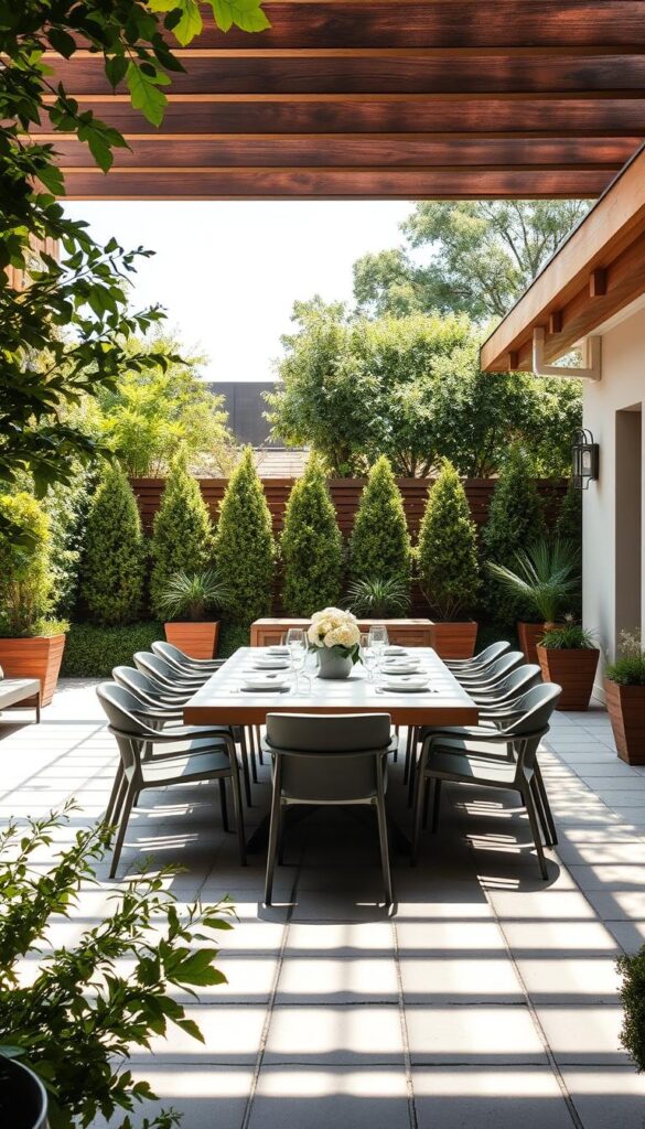 A sun-dappled outdoor dining area, surrounded by lush greenery and warm wooden accents. A rectangular table with sleek, modern chairs sits atop a neatly patterned stone patio, inviting guests to linger over a leisurely meal. Overhead, a sturdy pergola casts a gentle, filtered light, creating a cozy, intimate ambiance. In the background, neatly trimmed hedges and potted plants add depth and texture, framing the scene. The overall impression is one of calm sophistication, where the boundaries between indoor and outdoor living blur, and the focus is on creating a fresh, functional space for shared dining and conversation.