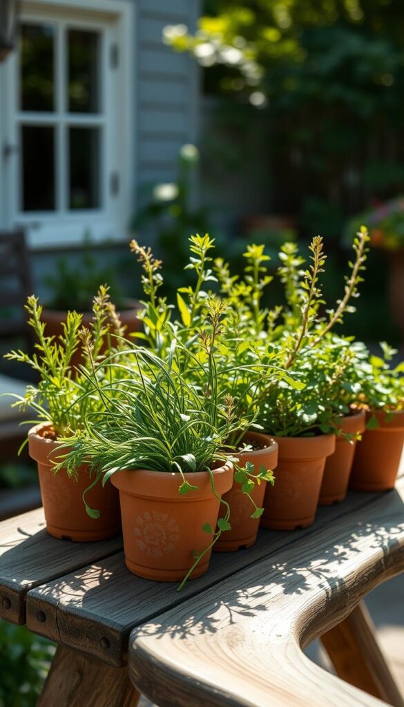 A sun-dappled outdoor patio setting, featuring a rustic wooden table or bench adorned with a collection of small terra cotta pots filled with thriving, lush herb plants. The pots are carefully arranged, showcasing a variety of cool-weather herbs such as chives, parsley, thyme, and oregano. The plants are in a vibrant, verdant state, suggesting optimal growing conditions. Diffused natural lighting filters through the scene, casting a warm, inviting glow over the composition. The background is softly blurred, highlighting the central pot setup. An overall sense of tranquility and a connection to the natural world permeates the image.