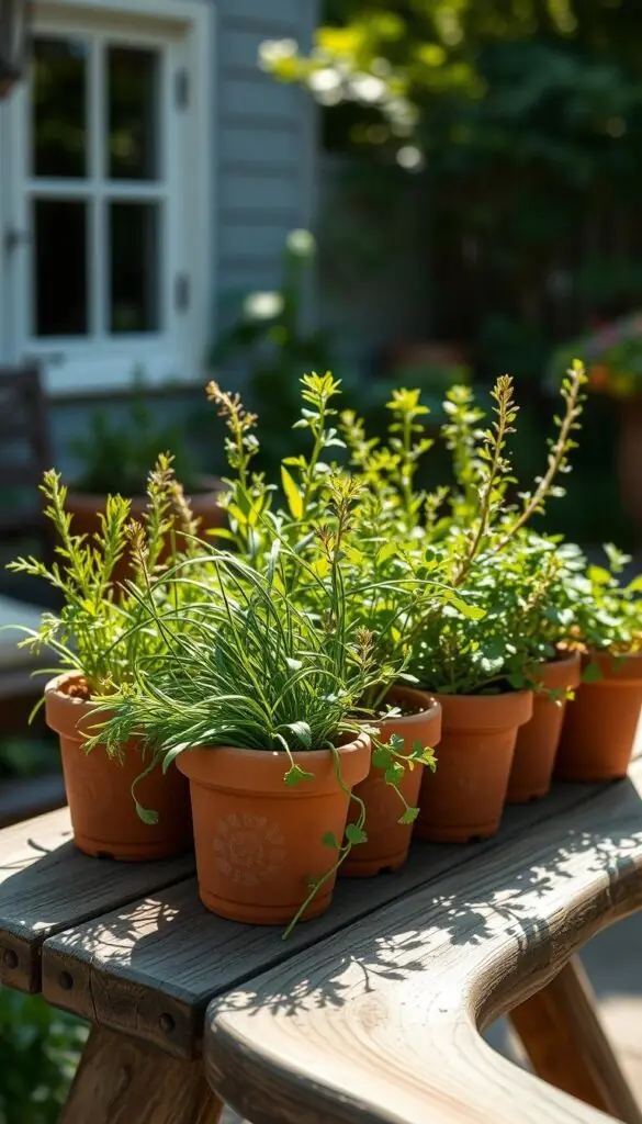 A sun-dappled outdoor patio setting, featuring a rustic wooden table or bench adorned with a collection of small terra cotta pots filled with thriving, lush herb plants. The pots are carefully arranged, showcasing a variety of cool-weather herbs such as chives, parsley, thyme, and oregano. The plants are in a vibrant, verdant state, suggesting optimal growing conditions. Diffused natural lighting filters through the scene, casting a warm, inviting glow over the composition. The background is softly blurred, highlighting the central pot setup. An overall sense of tranquility and a connection to the natural world permeates the image. A sun-dappled outdoor patio setting, featuring a rustic wooden table or bench adorned with a collection of small terra cotta pots filled with thriving, lush herb plants. The pots are carefully arranged, showcasing a variety of cool-weather herbs such as chives, parsley, thyme, and oregano. The plants are in a vibrant, verdant state, suggesting optimal growing conditions. Diffused natural lighting filters through the scene, casting a warm, inviting glow over the composition. The background is softly blurred, highlighting the central pot setup. An overall sense of tranquility and a connection to the natural world permeates the image.