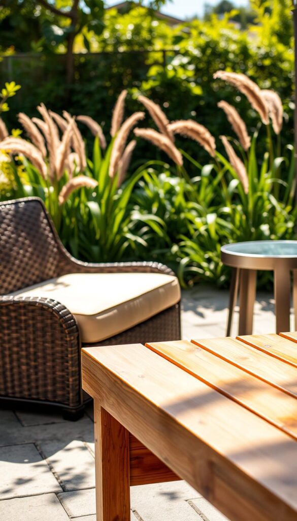 A sun-dappled outdoor setting, showcasing a diverse array of weather-resistant materials. In the foreground, a smooth teak bench, its golden hue gleaming in the soft light. Nearby, a plush, all-weather wicker chair, its intricate lattice pattern adding visual interest. In the middle ground, a sleek aluminum side table, its polished surface reflecting the surrounding greenery. In the background, a lush garden backdrop, with verdant foliage and the gentle sway of ornamental grasses. The scene is bathed in a warm, natural light, creating a serene and inviting atmosphere that evokes the ideal outdoor living experience.
