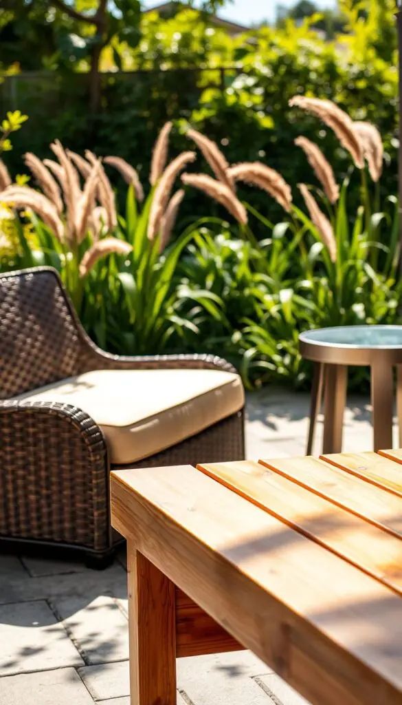 A sun-dappled outdoor setting, showcasing a diverse array of weather-resistant materials. In the foreground, a smooth teak bench, its golden hue gleaming in the soft light. Nearby, a plush, all-weather wicker chair, its intricate lattice pattern adding visual interest. In the middle ground, a sleek aluminum side table, its polished surface reflecting the surrounding greenery. In the background, a lush garden backdrop, with verdant foliage and the gentle sway of ornamental grasses. The scene is bathed in a warm, natural light, creating a serene and inviting atmosphere that evokes the ideal outdoor living experience. A sun-dappled outdoor setting, showcasing a diverse array of weather-resistant materials. In the foreground, a smooth teak bench, its golden hue gleaming in the soft light. Nearby, a plush, all-weather wicker chair, its intricate lattice pattern adding visual interest. In the middle ground, a sleek aluminum side table, its polished surface reflecting the surrounding greenery. In the background, a lush garden backdrop, with verdant foliage and the gentle sway of ornamental grasses. The scene is bathed in a warm, natural light, creating a serene and inviting atmosphere that evokes the ideal outdoor living experience.