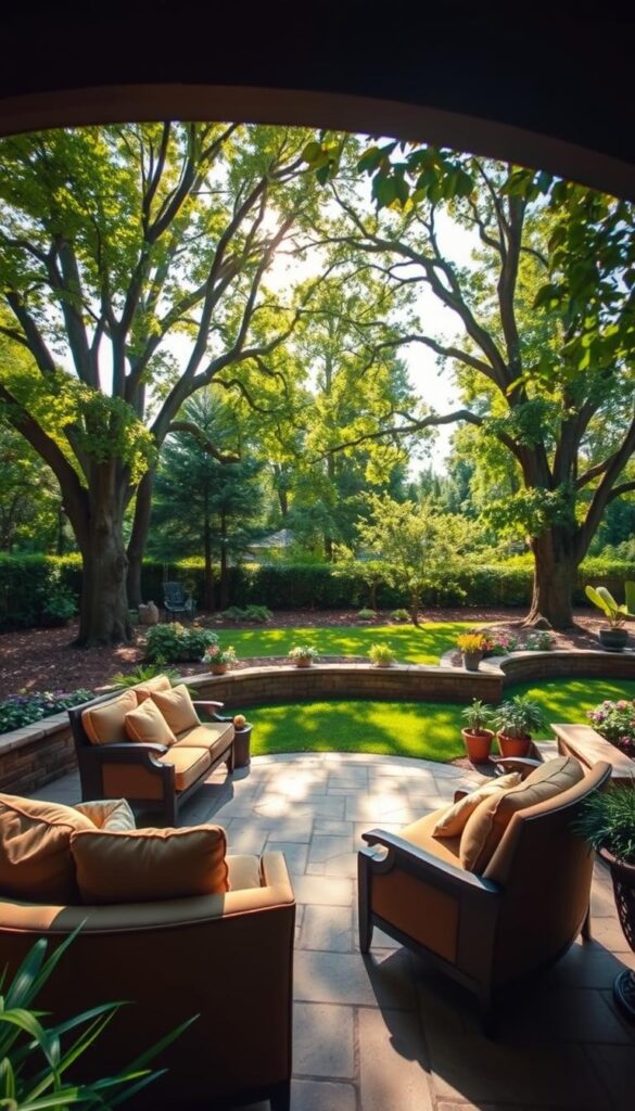 A sun-dappled patio with a cozy lounge area, surrounded by lush greenery and a warm, inviting ambiance. In the foreground, plush outdoor furniture in earthy tones, including a loveseat and armchair, invites relaxation. Mid-ground features a stone patio with intricate paving patterns, leading to a low-profile retaining wall adorned with potted plants. The background showcases a verdant landscape, with towering trees providing dappled shade and a sense of privacy. Soft, natural lighting filters through the canopy, creating a tranquil and serene atmosphere. A wide-angle lens captures the scene, highlighting the harmonious integration of the patio space within the larger backyard setting.
