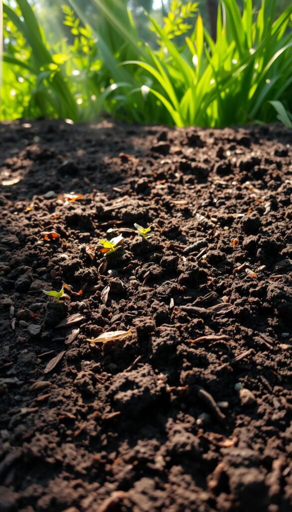 A sun-dappled soil bed, teeming with life and potential. The rich, dark loam is dotted with a scattering of twigs, leaf litter, and earthworm castings, hinting at the vibrant ecosystem underfoot. Rays of warm light filter through a canopy of lush, verdant foliage, casting a gentle glow across the scene. The soil's texture is finely textured, with a soft, crumbly appearance that beckons to be tended. In the distance, a verdant cover crop sways gently, a testament to the importance of succession planting and mulching for a thriving, healthy garden. A sun-dappled soil bed, teeming with life and potential. The rich, dark loam is dotted with a scattering of twigs, leaf litter, and earthworm castings, hinting at the vibrant ecosystem underfoot. Rays of warm light filter through a canopy of lush, verdant foliage, casting a gentle glow across the scene. The soil's texture is finely textured, with a soft, crumbly appearance that beckons to be tended. In the distance, a verdant cover crop sways gently, a testament to the importance of succession planting and mulching for a thriving, healthy garden.