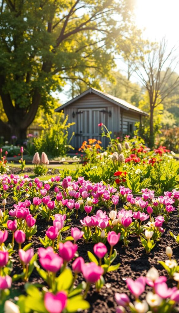 A sun-dappled spring garden bursting with vibrant colors. In the foreground, neatly planted rows of seedlings and bulbs - tender greens, vivid pinks, purples, and whites. The middle ground features a lush mix of flowering annuals and perennials, their petals gently swaying in a light breeze. In the background, a charming wooden shed with a weathered facade, surrounded by a verdant backdrop of mature trees in soft, hazy focus. The scene is illuminated by warm, golden sunlight filtering through the canopy, casting a serene, hopeful atmosphere. The overall composition evokes the joy and promise of a new growing season. A sun-dappled spring garden bursting with vibrant colors. In the foreground, neatly planted rows of seedlings and bulbs - tender greens, vivid pinks, purples, and whites. The middle ground features a lush mix of flowering annuals and perennials, their petals gently swaying in a light breeze. In the background, a charming wooden shed with a weathered facade, surrounded by a verdant backdrop of mature trees in soft, hazy focus. The scene is illuminated by warm, golden sunlight filtering through the canopy, casting a serene, hopeful atmosphere. The overall composition evokes the joy and promise of a new growing season.